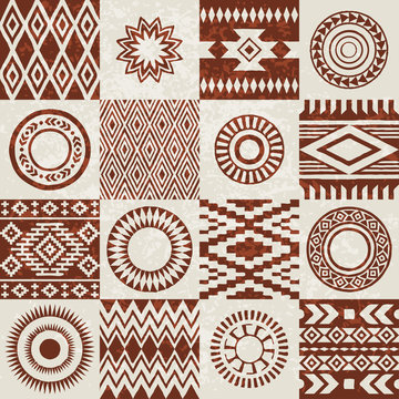 Pieces of American Indians ethnic patterns compiled in seamless texture. Grunge effect applied.