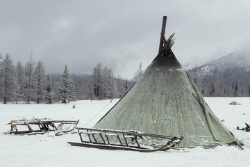 Dwelling herders in the winter. Polar Urals. Russia.