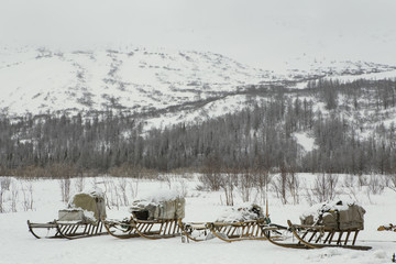 A number of sledges with a load of snowy mountains. The valley of the river Sob. Polar Urals. Russia.