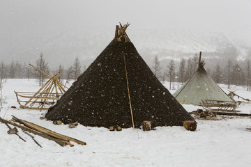 Dwelling herders in the winter. Polar Urals. Russia.