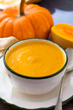 Homemade cream soup made from fresh ripe bottle gourd pumpkin