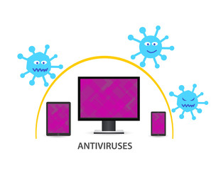 Illustration Desktop, tablet and mobile phone protected by antivirus. Vector viruses and mobile device.