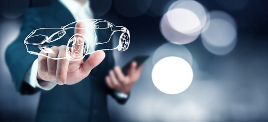 businessman hand car icon on virtual screen