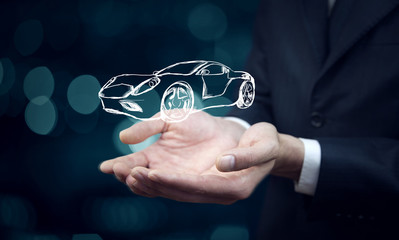 businessman hand car icon on virtual screen