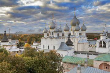 Fototapeta na wymiar Rostov Veliky, Russia- Domes of churches in the Kremlin