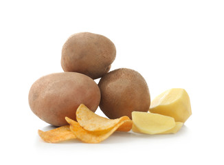 Crispy chips with raw potato, isolated on white