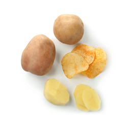 Crispy chips with raw potato, isolated on white