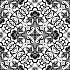 Black and White Seamless Pattern with Mosaic Floral Motifs