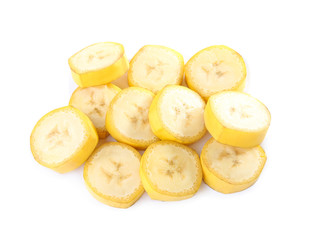 Delicious banana slices on white background