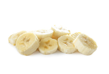 Fototapeta na wymiar Delicious banana slices on white background