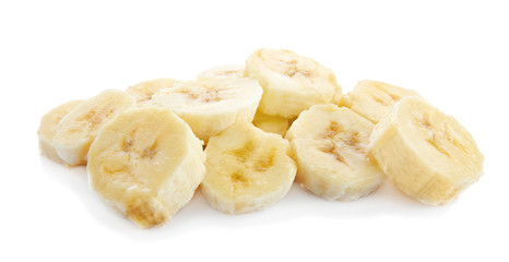 Delicious banana slices on white background
