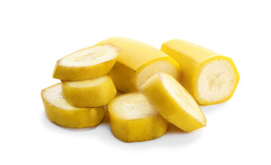 Delicious banana slices on white background