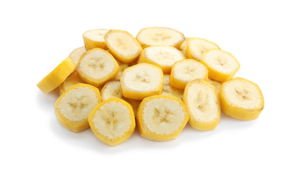 Delicious banana slices on white background