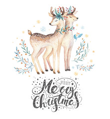Christmas watercolor deer. Cute kids xmas forest animal illustration, new year card or poster. Hand drawn isolated baby animals.