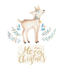 Christmas watercolor deer. Cute kids xmas forest animal illustration, new year card or poster. Hand drawn isolated baby animals.