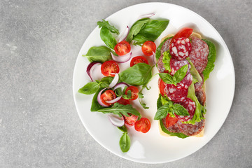 Plate with delicious sausage sandwich on light background
