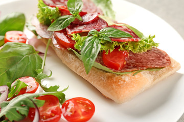 Plate with delicious sausage sandwich, closeup