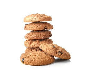 Delicious oatmeal cookies with raisins on white background