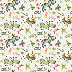 Vector New year seamless pattern with dog, fir branches and bones.