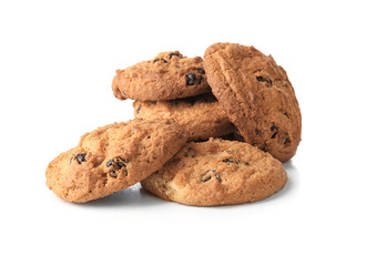 Delicious oatmeal cookies with raisins on white background