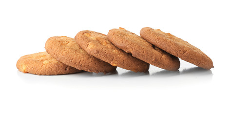 Delicious oatmeal cookies on white background