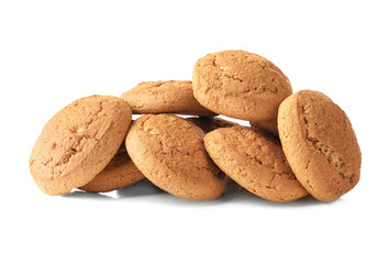 Delicious oatmeal cookies on white background