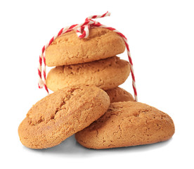 Delicious oatmeal cookies on white background