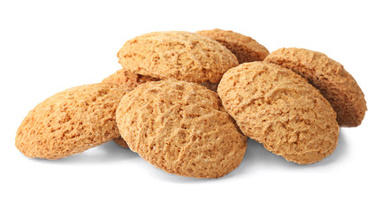 Delicious oatmeal cookies on white background