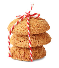 Delicious oatmeal cookies on white background