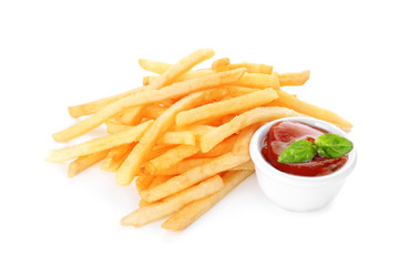 Yummy french fries with sauce on white background