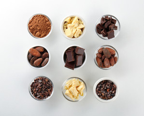 Bowls with different cocoa products on white background