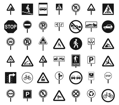 Road Sings Icon Set, Simple Style