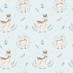 Seamless Christmas baby deer seamless pattern. Hand drawn winter backgraund with deer, snowflakes. Nursery xmas animal illustration. New year design.