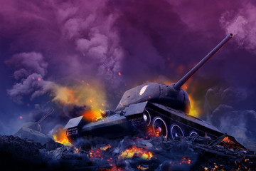 Fototapeta na wymiar Tank on the hill burning fire