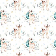 Seamless Christmas baby deer seamless pattern. Hand drawn winter backgraund with deer, snowflakes. Nursery xmas animal illustration. New year design.