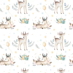 Foto op Plexiglas Baby hert Naadloze kerst baby herten naadloze patroon. Hand getekende winter backgraund met herten, sneeuwvlokken. Kwekerij xmas dieren illustratie. Nieuwjaar ontwerp.