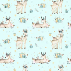 Wallpaper murals Little deer Seamless Christmas baby deer seamless pattern. Hand drawn winter backgraund with deer, snowflakes. Nursery xmas animal illustration. New year design.