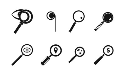 Magnifying glass icon set, simple style