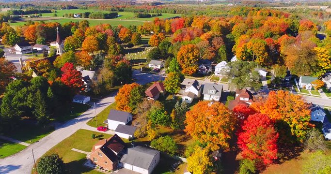 Looking down on forest of breathtaking Autumn colors, Fall splendor, aerial flyover.
