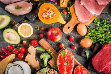 Healthy diet background. Organic food ingredients, superfoods: beef and pork meat, chicken filet,...