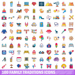 100 family traditions icons set, cartoon style 