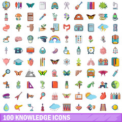 100 knowledge icons set, cartoon style 