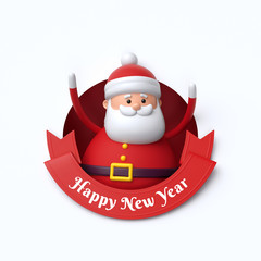 3d render, funny Santa Claus toy, inside round hole, Happy New Year, red ribbon, holiday clip art isolated on white background