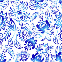 Fototapeta na wymiar Russian ornaments art style gzhel blue flower traditional folk bloom branch seamless pattern background vector illustration.