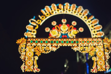 Christmas decorations on the street, colorful holiday bokeh lights