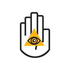 Isolated black line hand symbol holding orange triangel seeing eye sign icon on white background