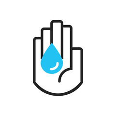 Isolated black line hand symbol holding blue water drop sign icon on white background