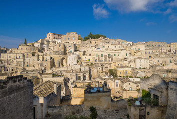 Fototapeta na wymiar Matera, Italy - The historic center of the wonderful stone city of southern Italy, a tourist attraction for the famous 
