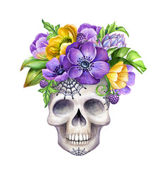 Naklejka premium watercolor illustration, human skull decorated with tropical flowers, Halloween character, holiday clip art isolated on white background