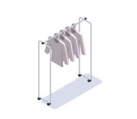 Hanger with clean white clothes, isometric 3d vector illustration, shop equipment